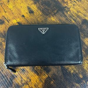 Prada Triangle Saffiano Leather Zip Around Wallet Zippy Card Passport Case Black
